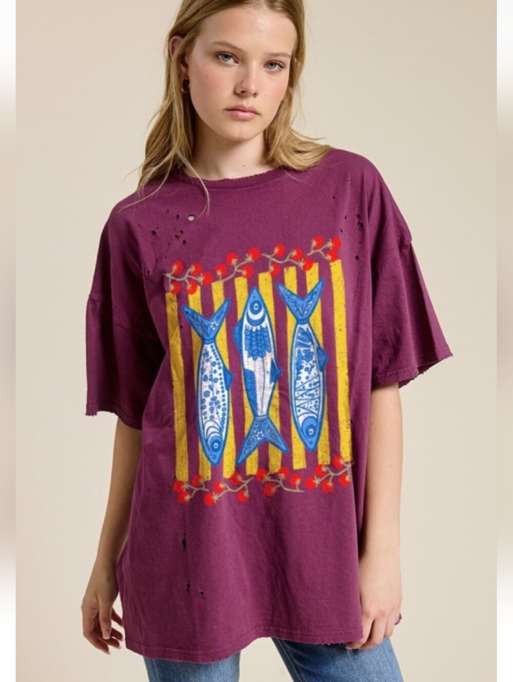 Plum Distressed Graphic Fish Print Oversized Tee Anchovies & Tomatoes